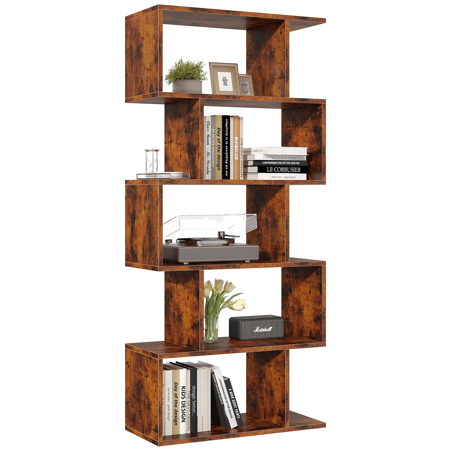 JHK S Shaped Geometric 5 Tier Bookcase Wood Display Shelf