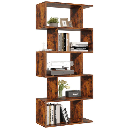 JHK S Shaped Geometric 5 Tier Bookcase Wood Display Shelf