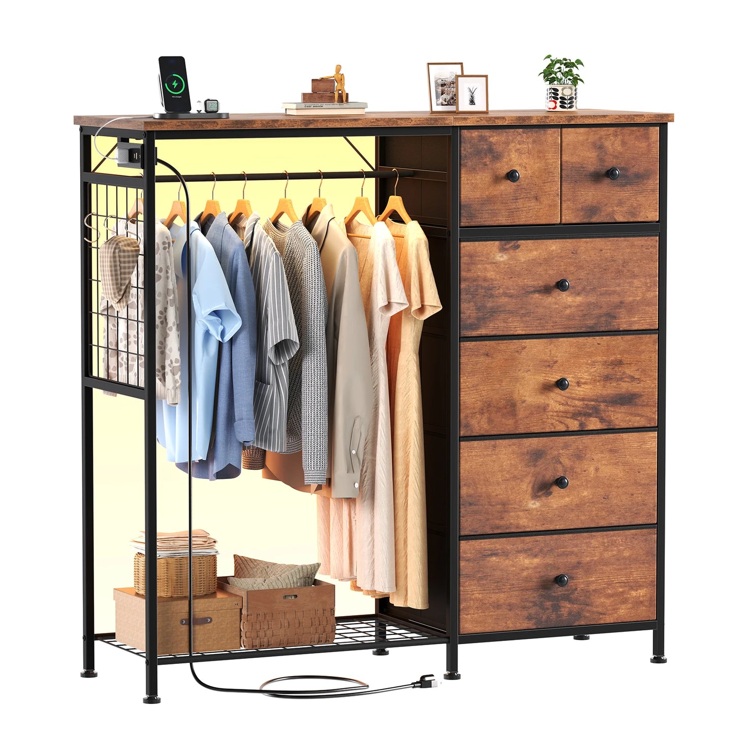 JHK 6 Drawer Dresser With Hanging Rack And Charging Station