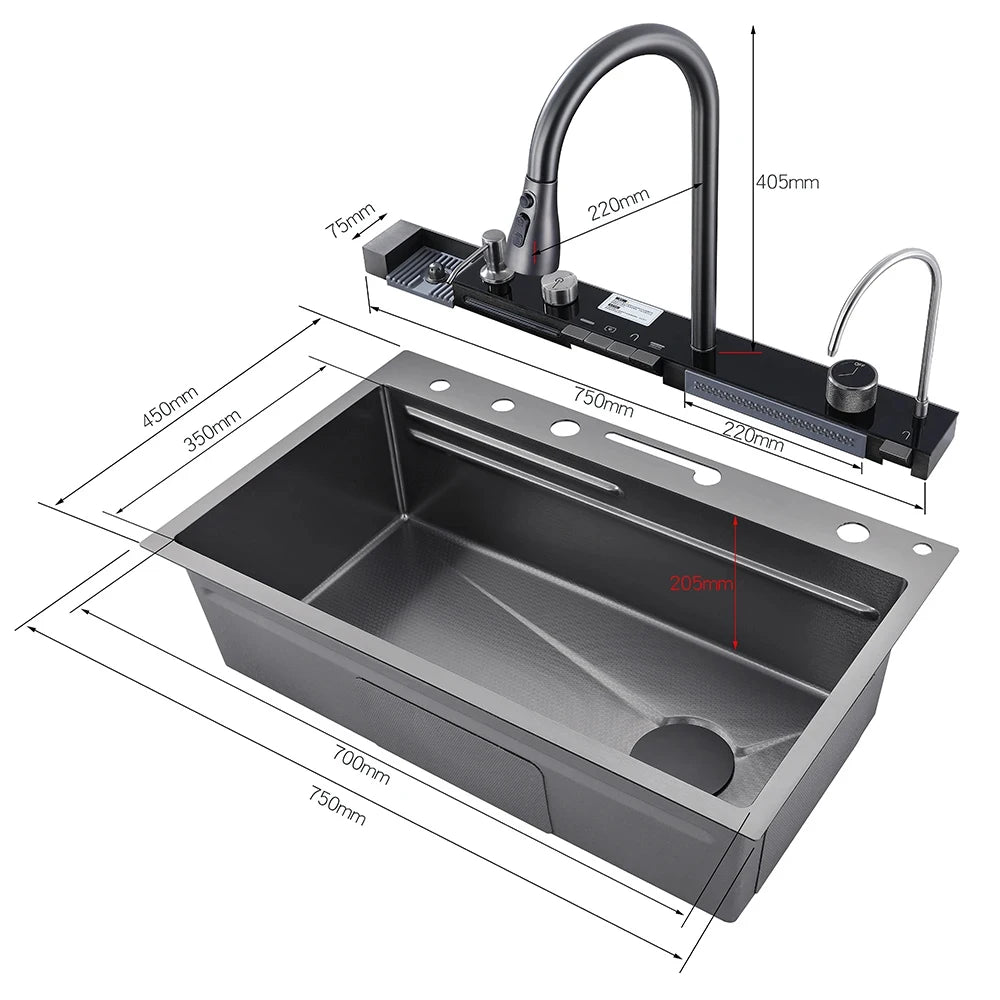 MYQualife 304 Stainless Steel Waterfall Kitchen Sink With Digital Faucet Set