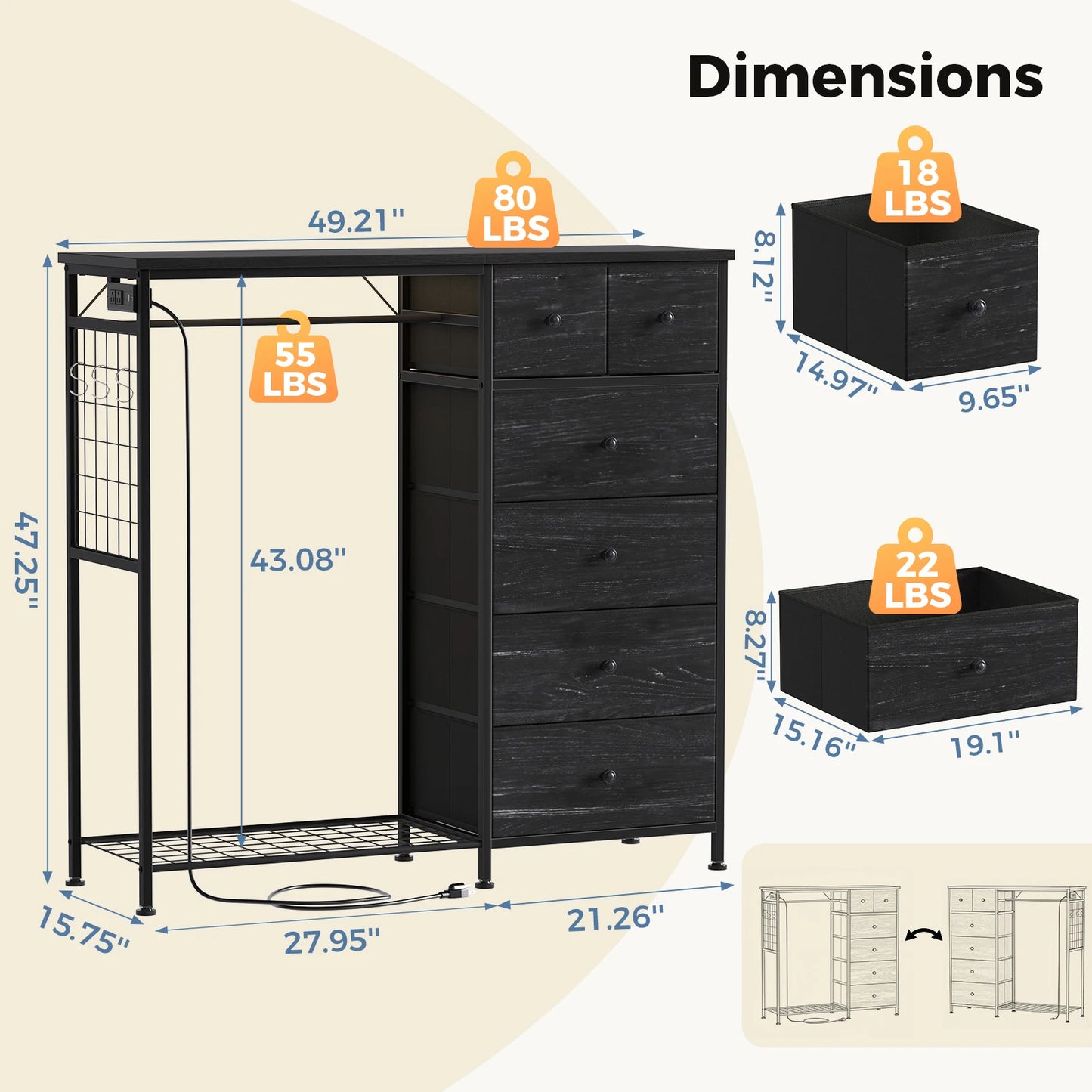 JHK 6 Drawer Dresser With Hanging Rack And Charging Station