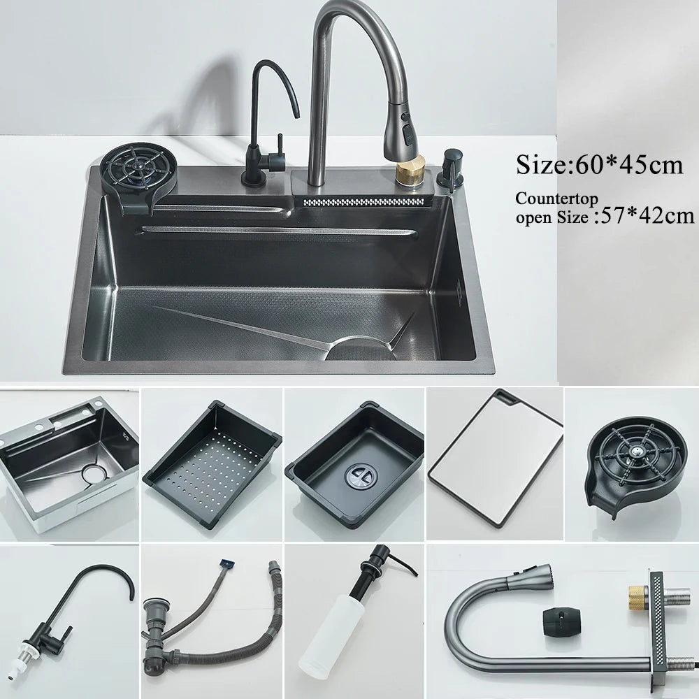 MYQualife 304 Stainless Steel Waterfall Kitchen Sink With Digital Faucet Set