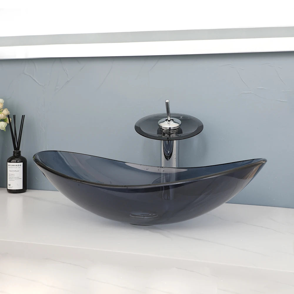 MEKKHALA Oval Glass Vessel Sink With Waterfall Faucet - Home and Haven Store