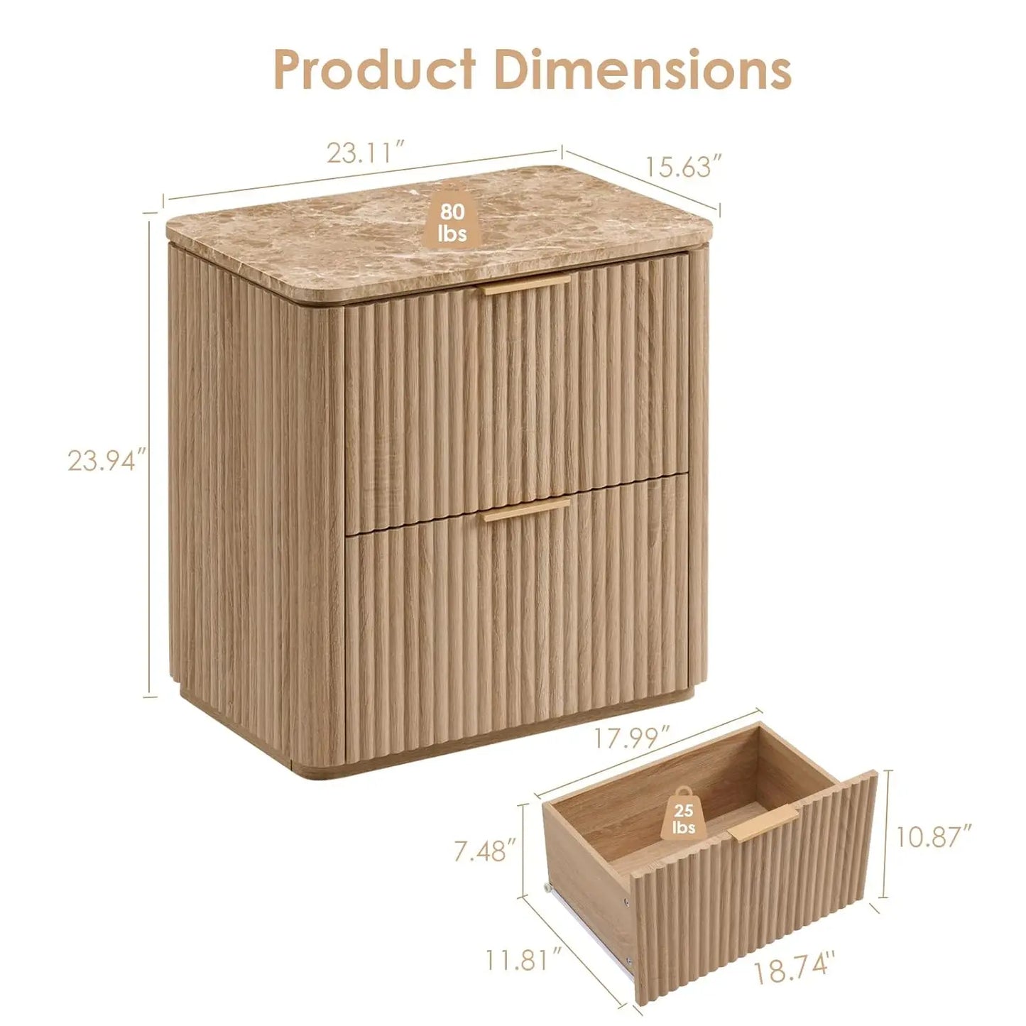 Fluted Nightstand Set Of 2 With Two Drawers And Curved