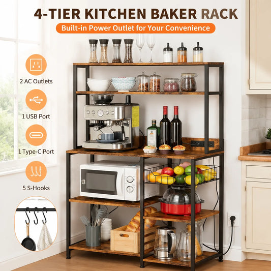 Industrial Metal Kitchen Rack With Integrated Power Outlets And Shelves