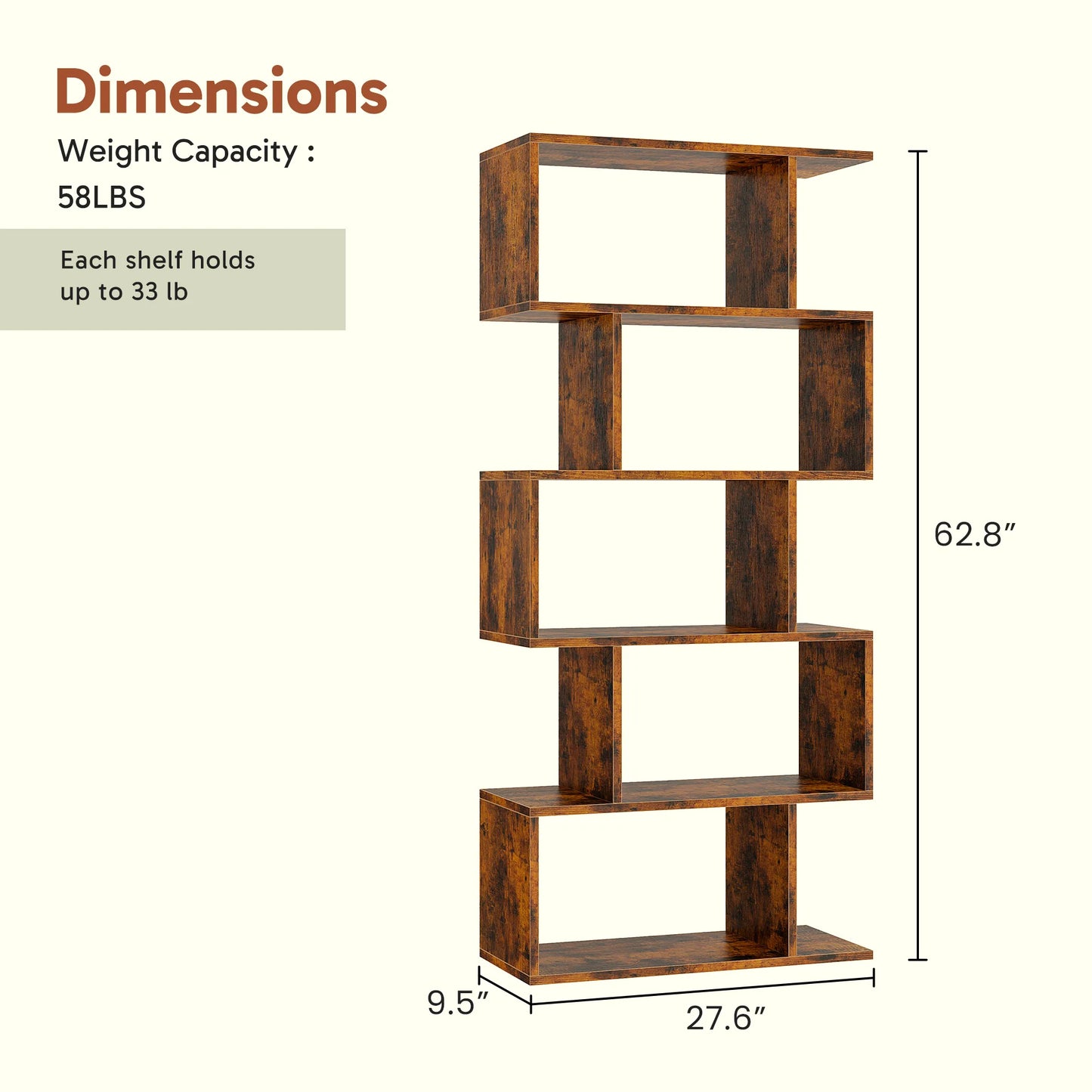 JHK S Shaped Geometric 5 Tier Bookcase Wood Display Shelf