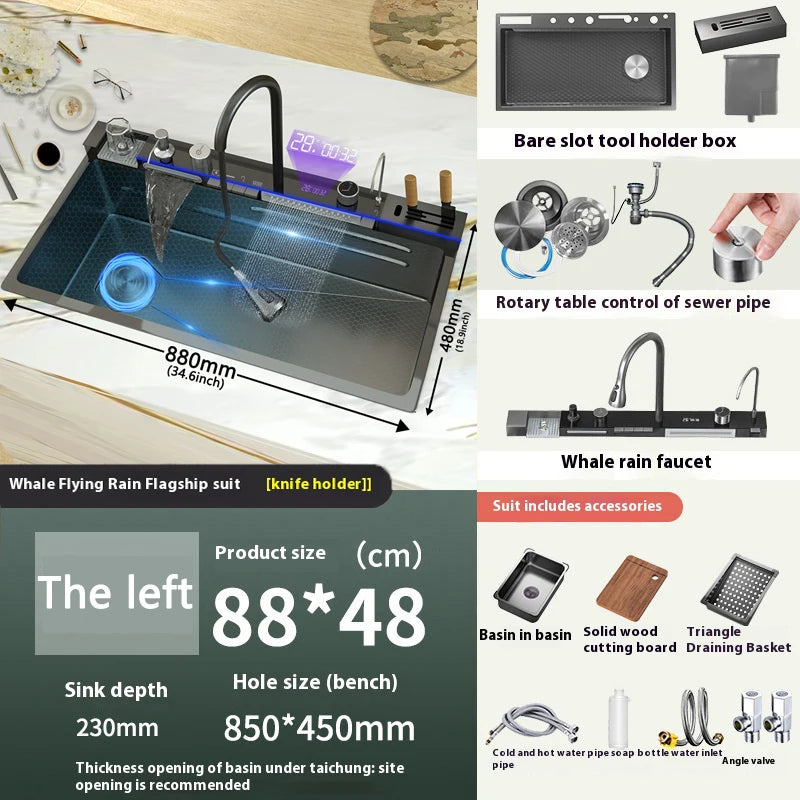 TELISIYA Waterfall Digital Display Stainless Steel Single Bowl Kitchen Sink
