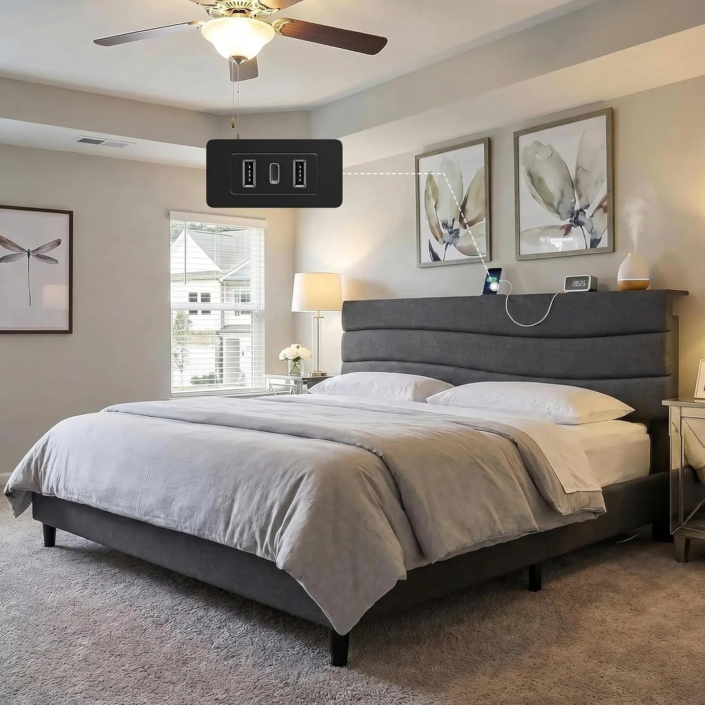 King Bed Frame Platform With Built In USB Charging Stations
