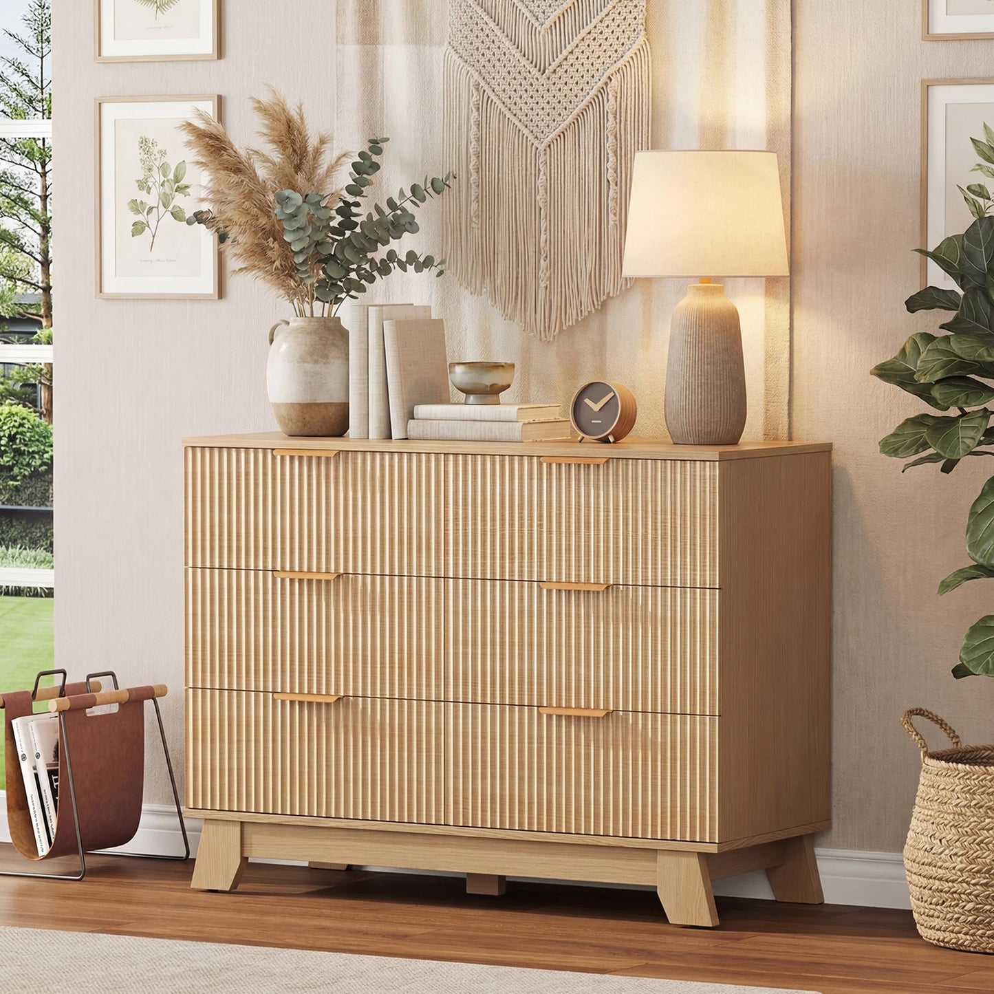 JHK Modern Fluted Wooden Six Drawer Dresser With Gold Handles