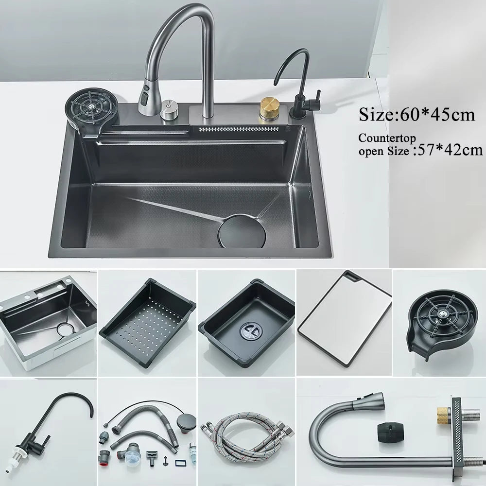 MYQualife 304 Stainless Steel Waterfall Kitchen Sink With Digital Faucet Set