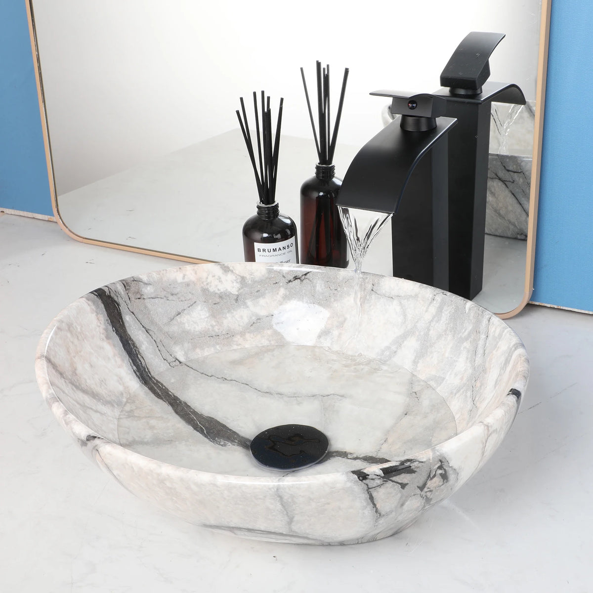 Mekkhala Oval Ceramic Vessel Sink With Waterfall Faucet