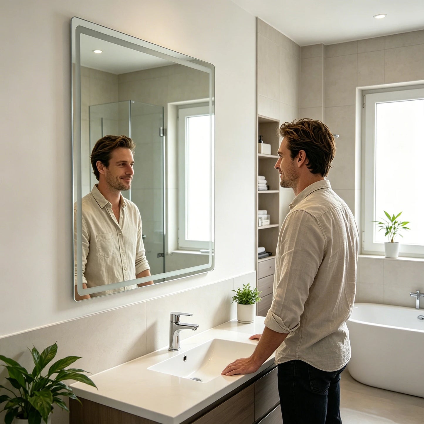 Byamaocar Dimmable Anti Fog LED Bathroom Mirror With Smart Switch
