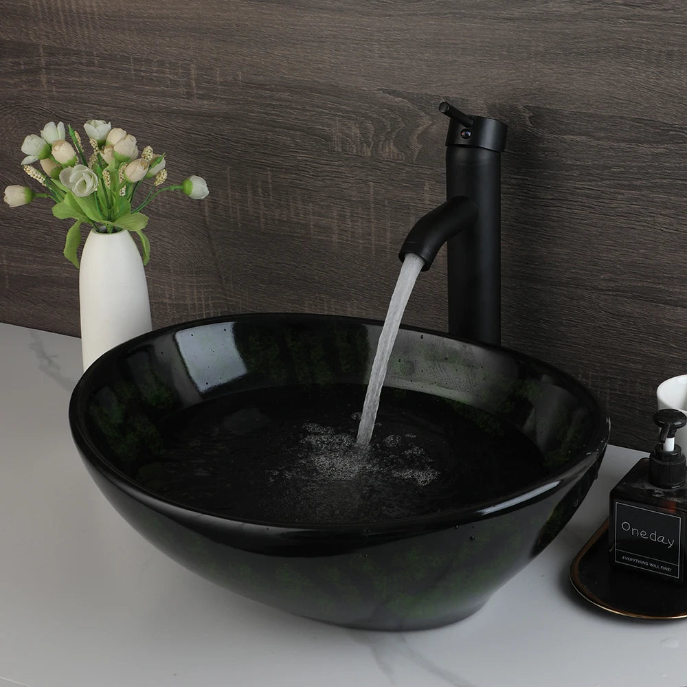 Mekkhala Oval Ceramic Vessel Sink With Waterfall Faucet