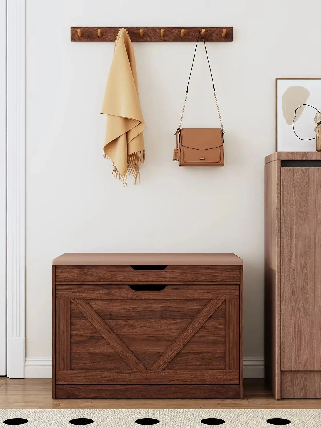Huisenitre Wooden Storage Bench With Flip Drawers And Adjustable Shelf