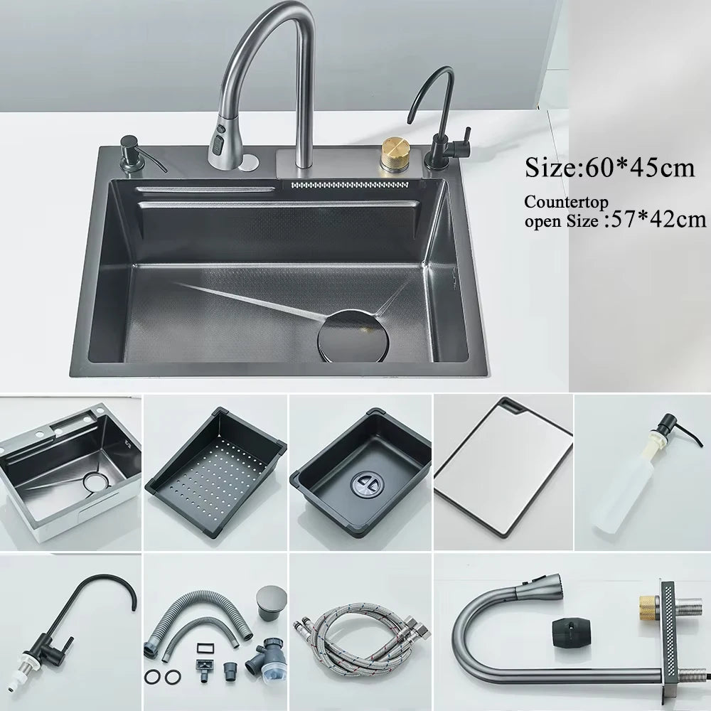 MYQualife 304 Stainless Steel Waterfall Kitchen Sink With Digital Faucet Set