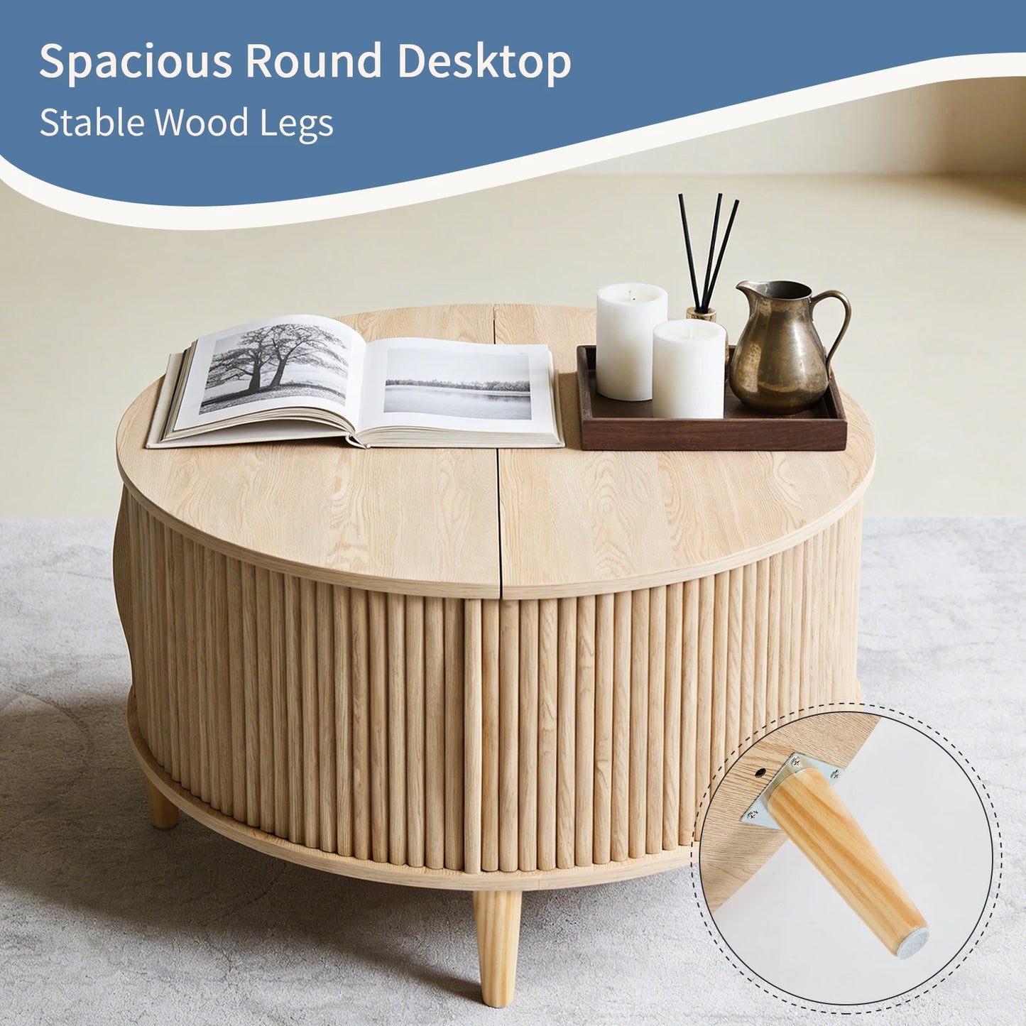 JHK Round Coffee Table With Flip Top Storage Sliding Cabinet - Home and Haven Store