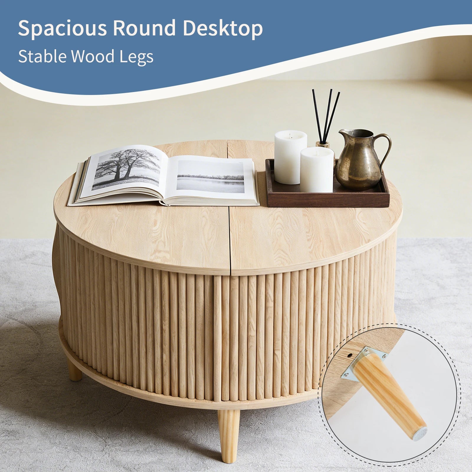 JHK Round Coffee Table With Flip Top Storage Sliding Cabinet - Home and Haven Store