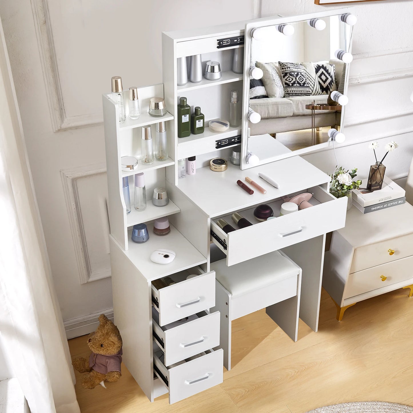 Yamissi LED Vanity Table With Sliding Mirror 4 Drawers Desk - Home and Haven Store
