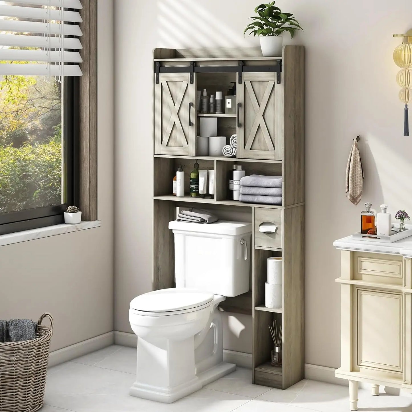 Over The Toilet Farmhouse Storage Cabinet With Sliding Doors - Home and Haven Store