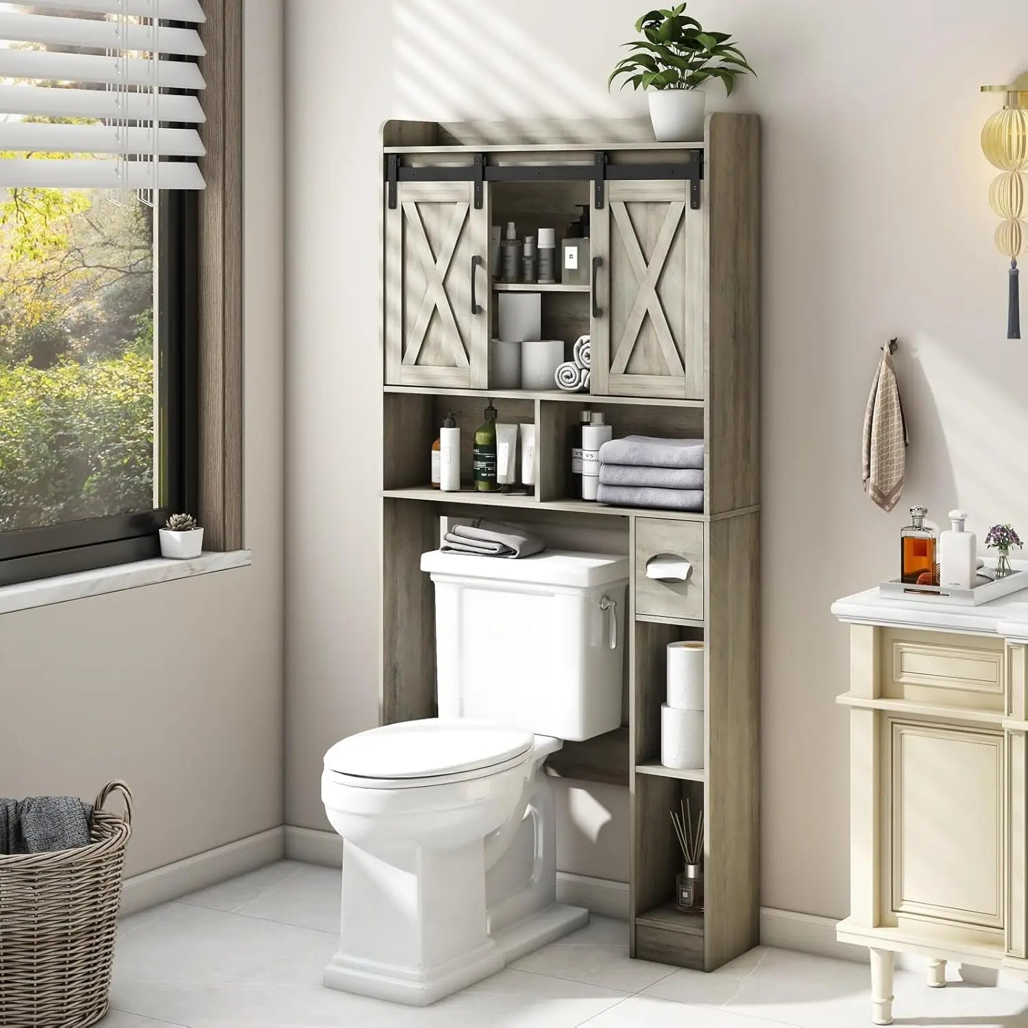 Over The Toilet Farmhouse Storage Cabinet With Sliding Doors - Home and Haven Store