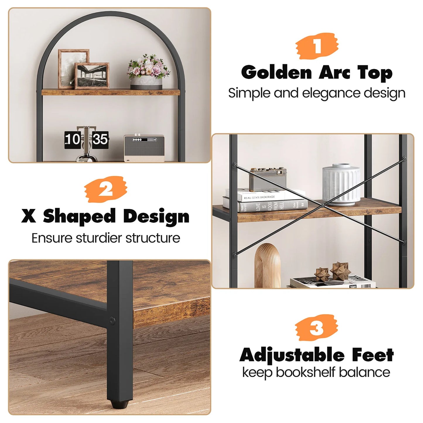 TWISTER.CK 5-Tier Arched Bookshelf Industrial Metal Wood - Home and Haven Store