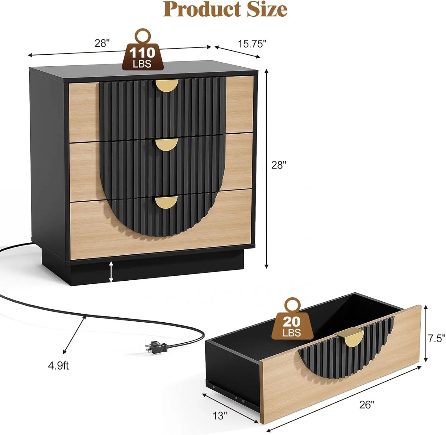 Symmetrical Arc 3-Drawer Nightstand With Charging Station - Home and Haven Store