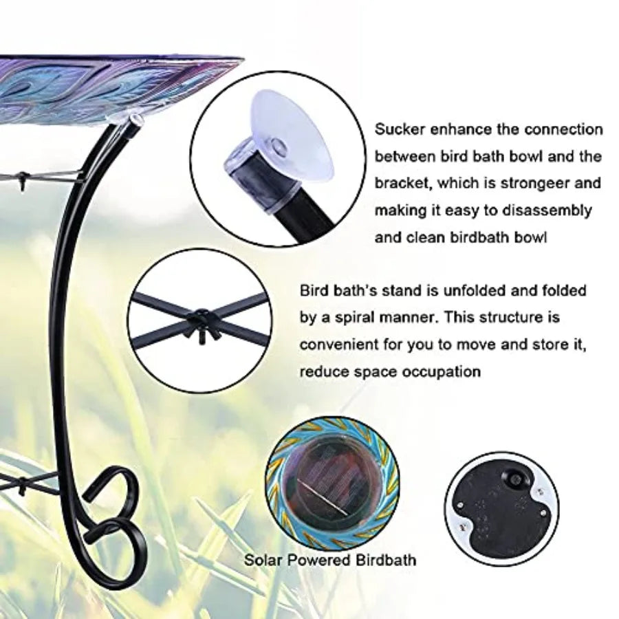 MUMTOP Outdoor Glass Bird Bath With Solar Power And Metal Stand - Home and Haven Store