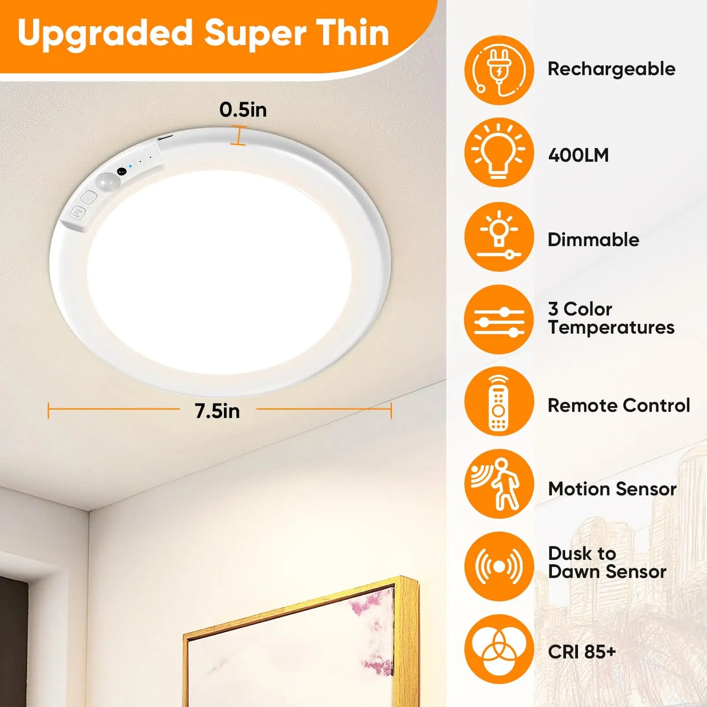 Rechargeable Wireless Motion Sensor Ceiling Light With Remote