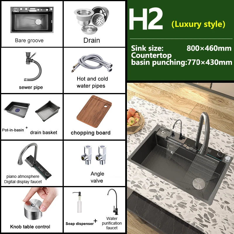 TELISIYA Waterfall Digital Display Stainless Steel Single Bowl Kitchen Sink