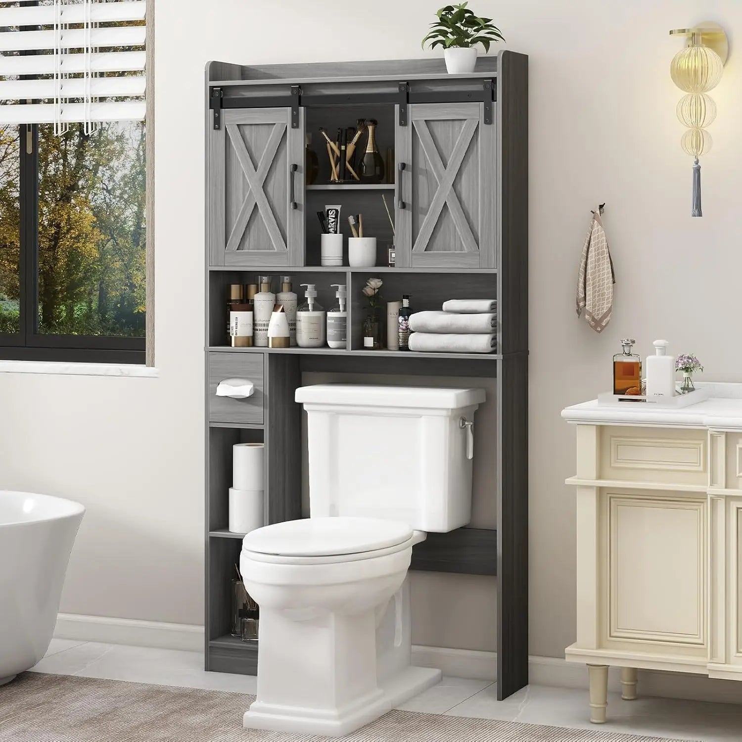 Over The Toilet Farmhouse Storage Cabinet With Sliding Doors - Home and Haven Store