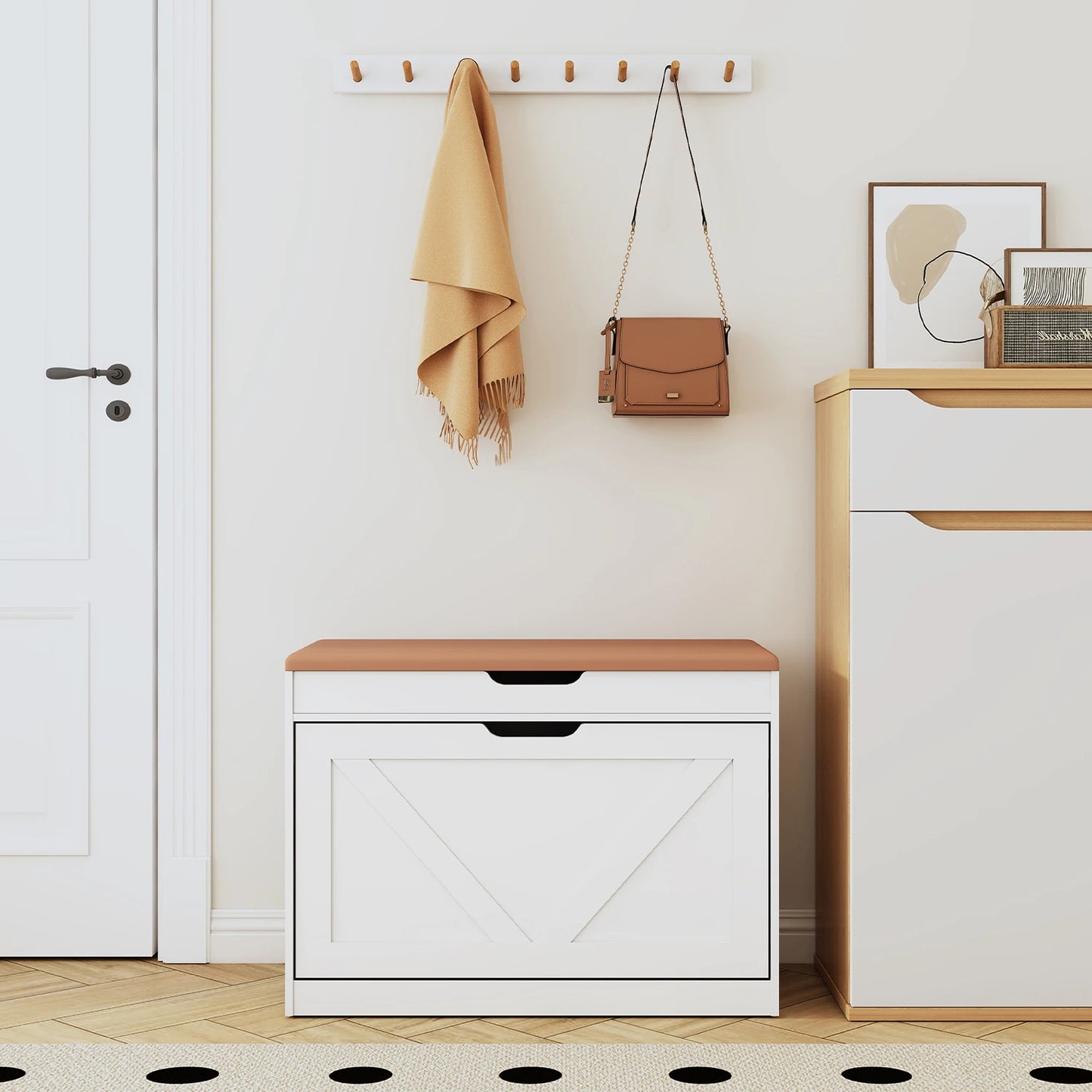 Huisenitre Wooden Storage Bench With Flip Drawers And Adjustable Shelf