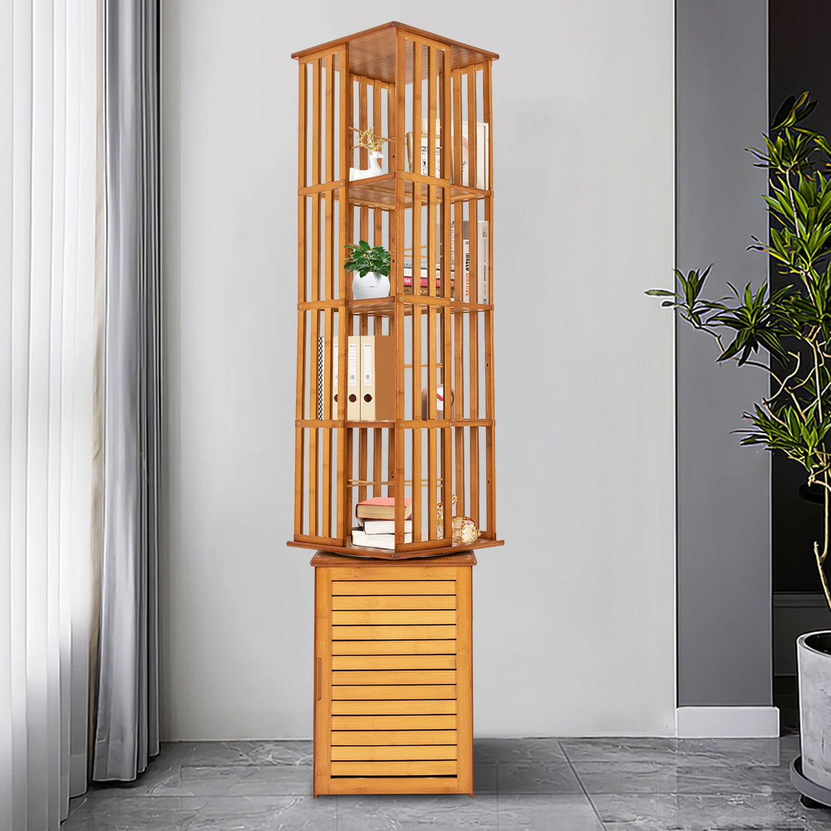 Bymaocar Bamboo Corner Bookshelf Rotating Storage Rack For Home