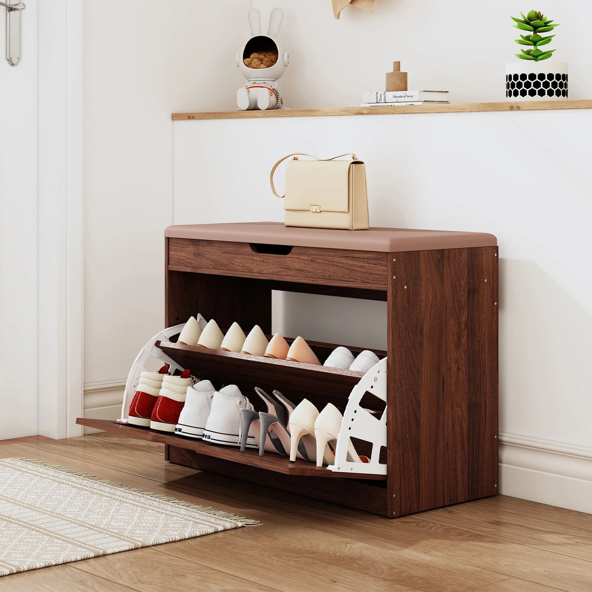 Huisenitre Wooden Storage Bench With Flip Drawers And Adjustable Shelf
