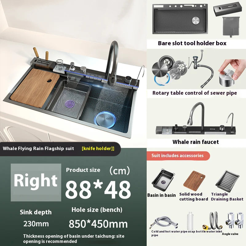 TELISIYA Waterfall Digital Display Stainless Steel Single Bowl Kitchen Sink