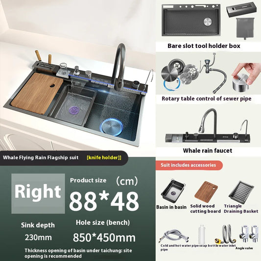 TELISIYA Waterfall Digital Display Stainless Steel Single Bowl Kitchen Sink