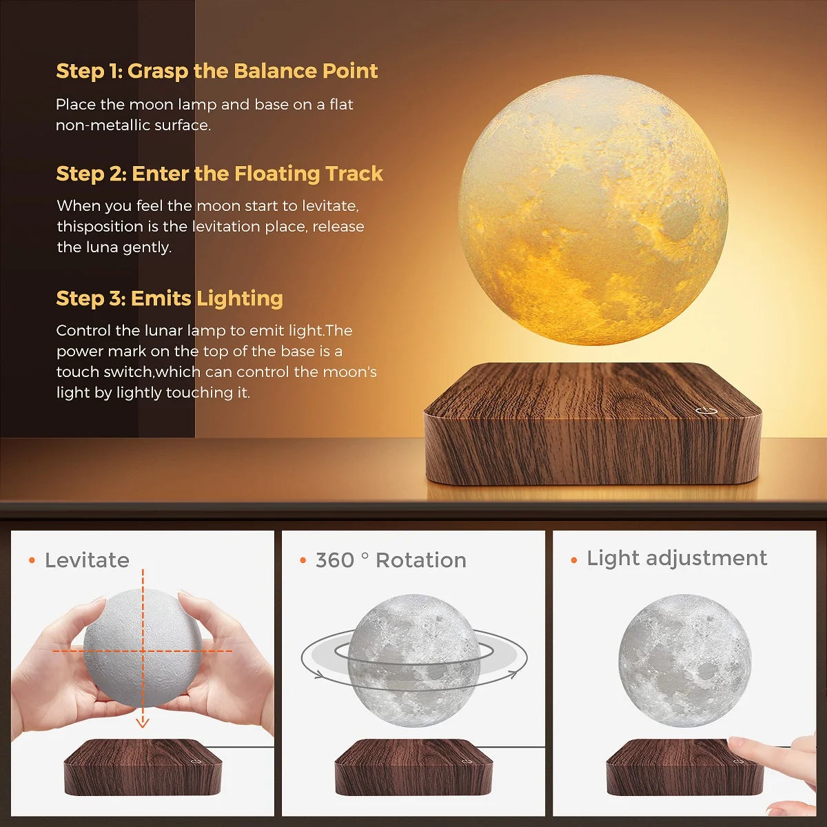 Mexllex Magnetic Floating Moon Lamp With Wooden Base Led Light