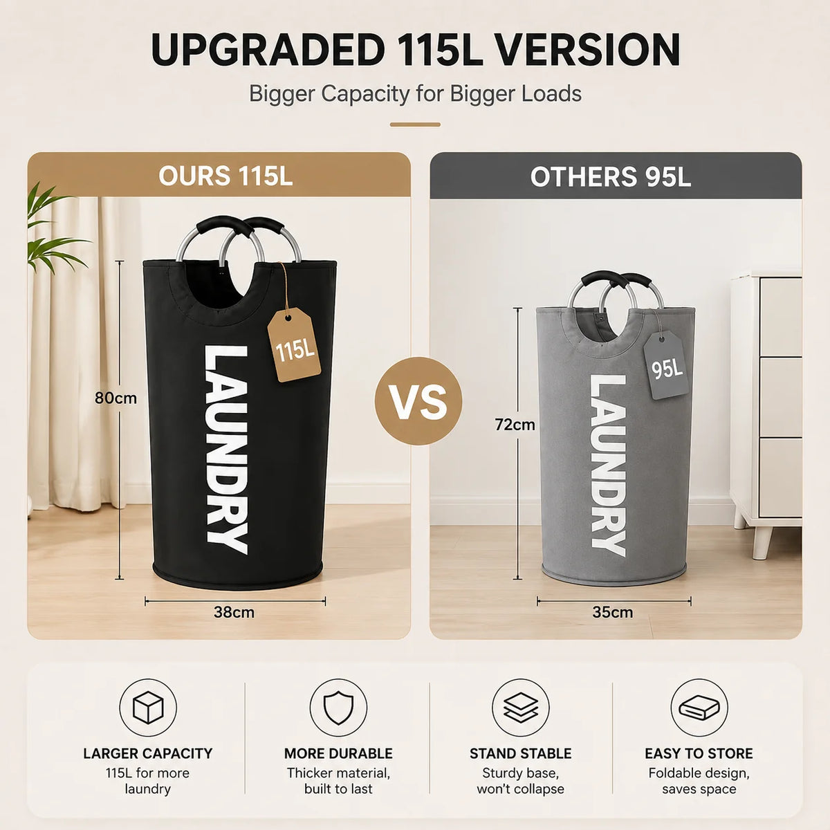 Foldable Polyester Laundry Hamper With Padded Handles For Rooms
