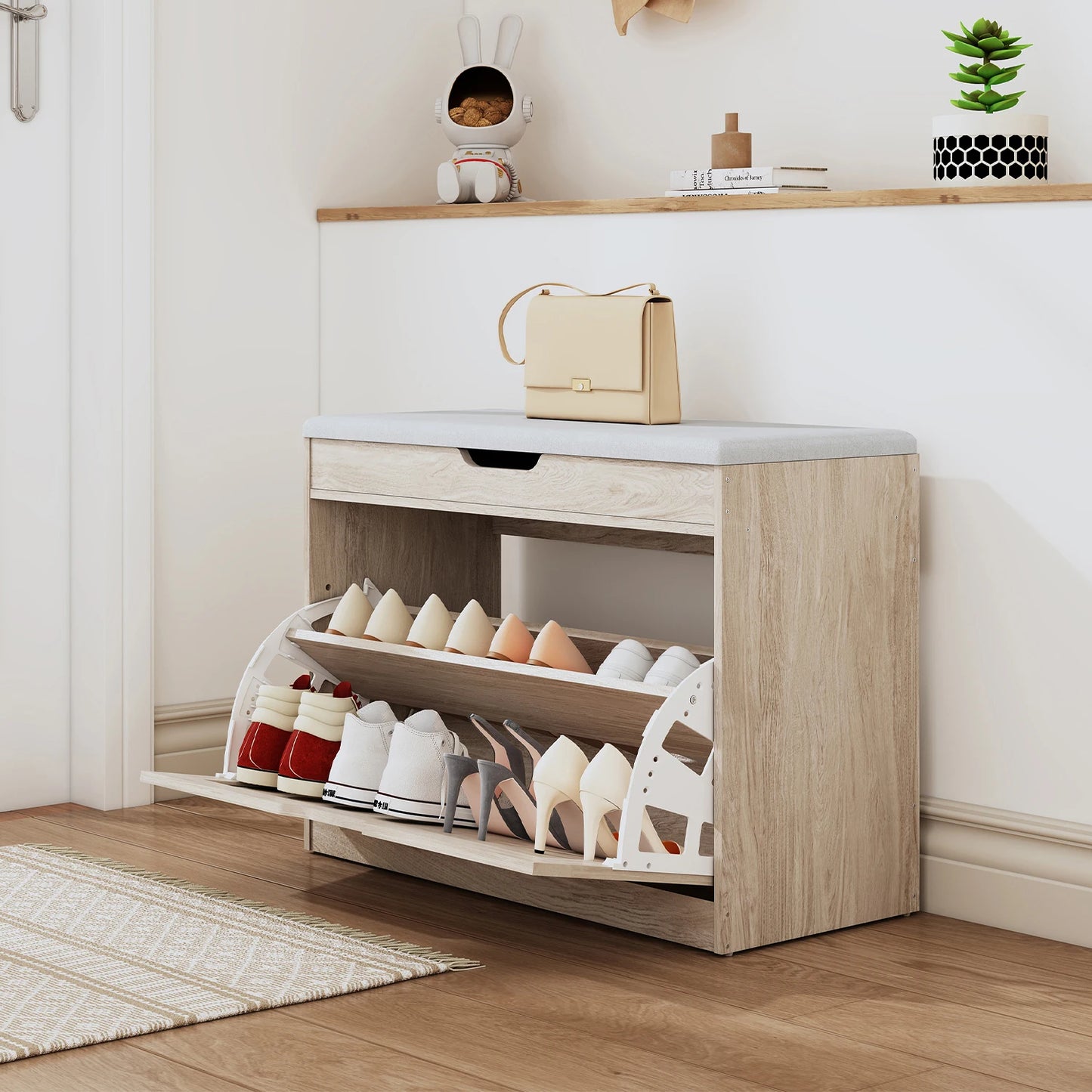 Huisenitre Wooden Storage Bench With Flip Drawers And Adjustable Shelf