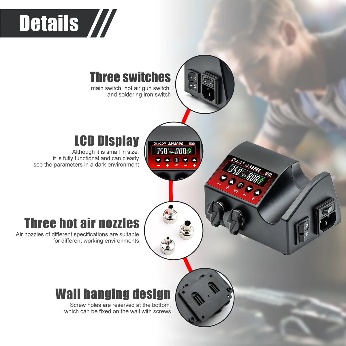 JCD 8898Pro 2-in-1 Soldering Station With Hot Air Gun LCD