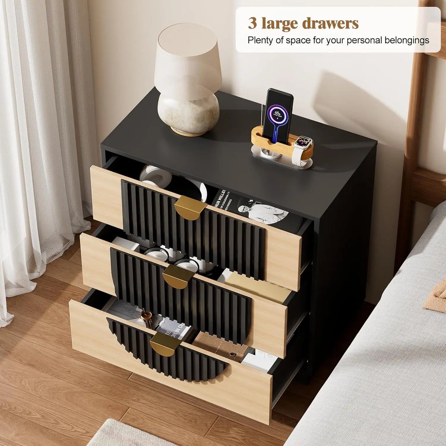 Symmetrical Arc 3-Drawer Nightstand With Charging Station - Home and Haven Store