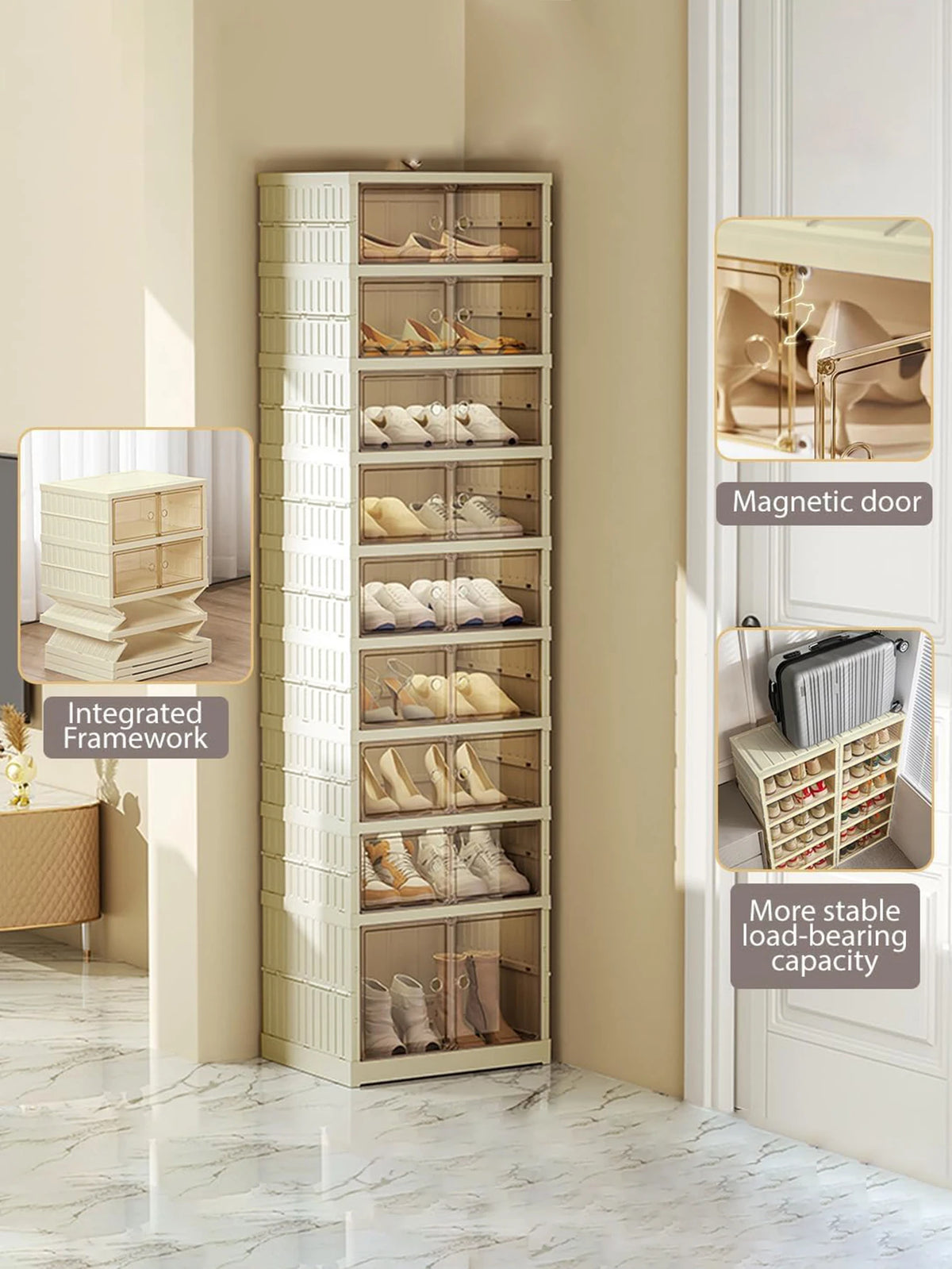 Foldable Plastic Shoe Cabinet With Doors And Rolling Wheels