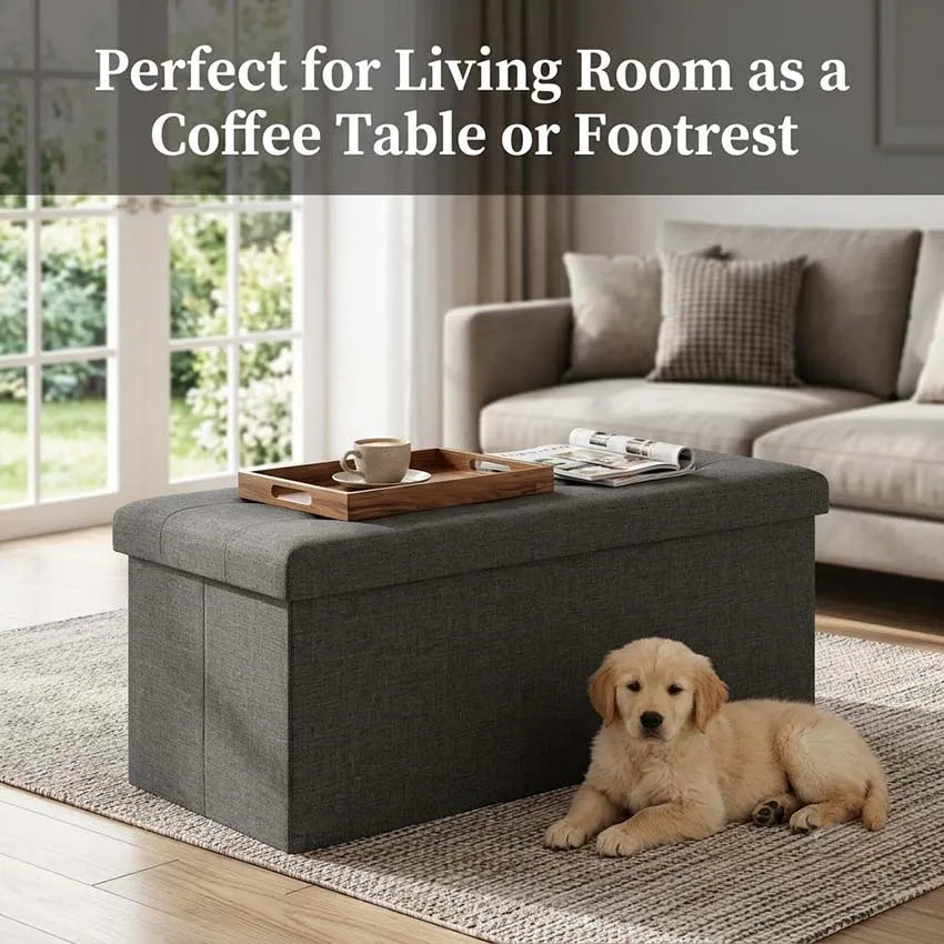 Tufted Fabric Storage Ottoman Bench With Wooden Frame Base