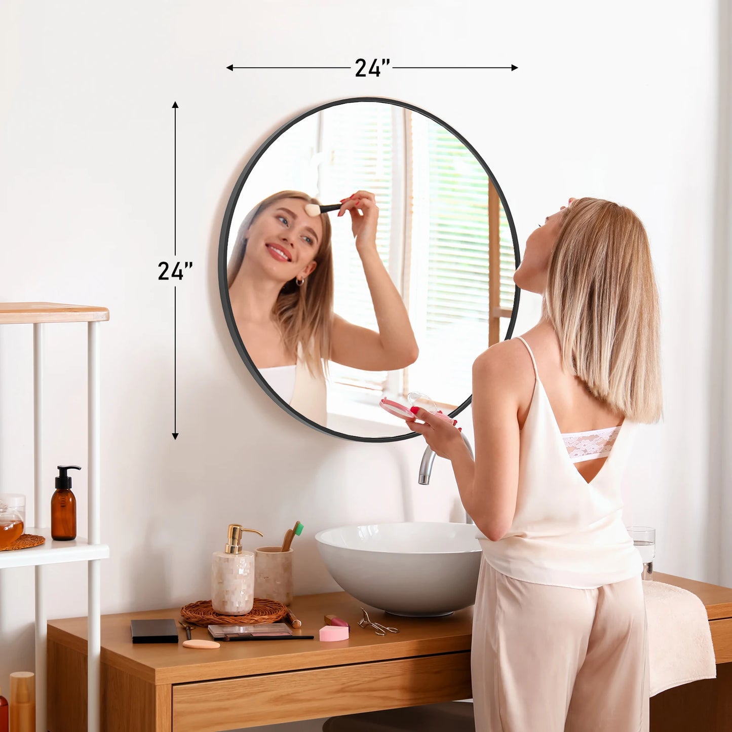 JHK Round Vanity Mirror With Matte Metal Frame Tempered Glass