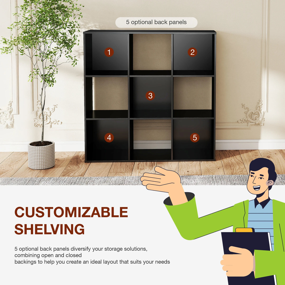 JHK Modern Wooden 9 Cube Storage Organizer Bookshelf Unit