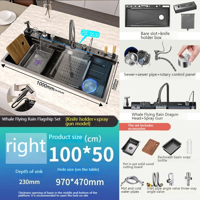 TELISIYA Waterfall Digital Display Stainless Steel Single Bowl Kitchen Sink