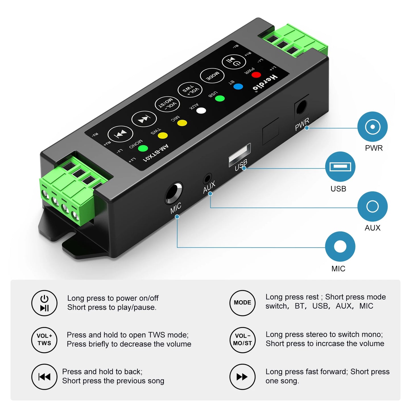 Herdio 4-Channel Bluetooth Amplifier 200W With 24V5A Power Supply