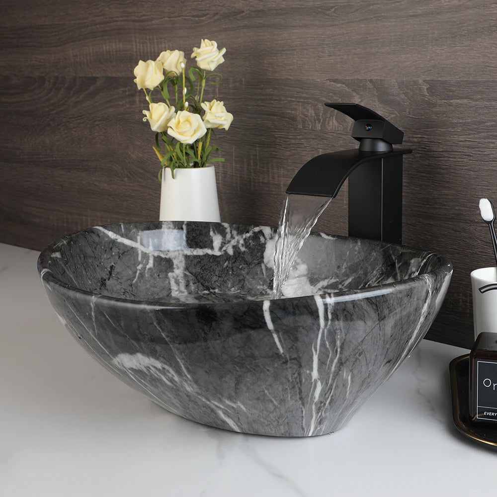 Mekkhala Ceramic Vessel Bathroom Sink With Waterfall Faucet