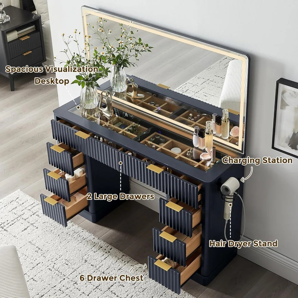 Guangbai Fluted Vanity Desk With LED Mirror And Eight Drawers
