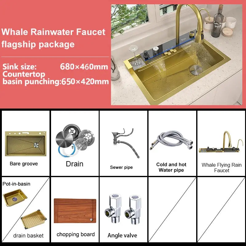 TELISIYA Waterfall Digital Display Stainless Steel Single Bowl Kitchen Sink