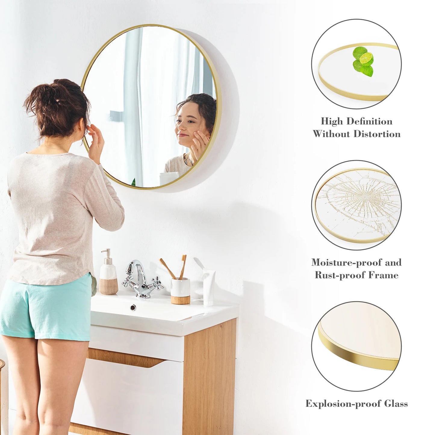 JHK Large Round Vanity Mirror With Matte Metal Frame